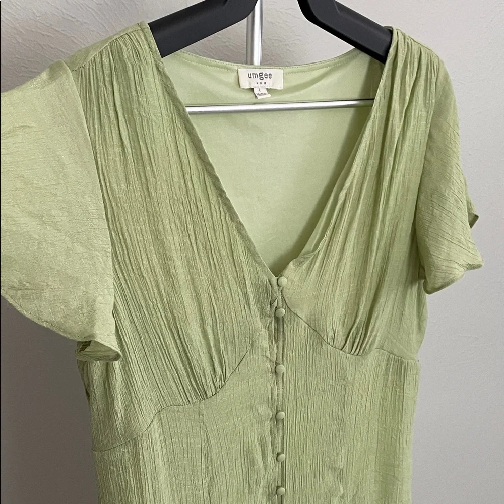 Umgee Sage Green Mini Dress with Front Button Detail and Tie Back - Picture 3 of 8